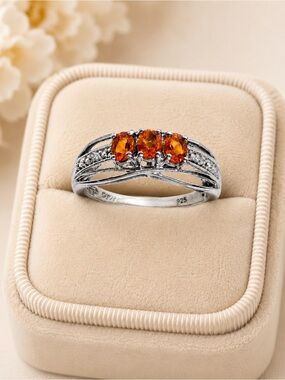 Fire Opal Sterling Silver 925 Three Stone Ring Orange Gemstone Size 7